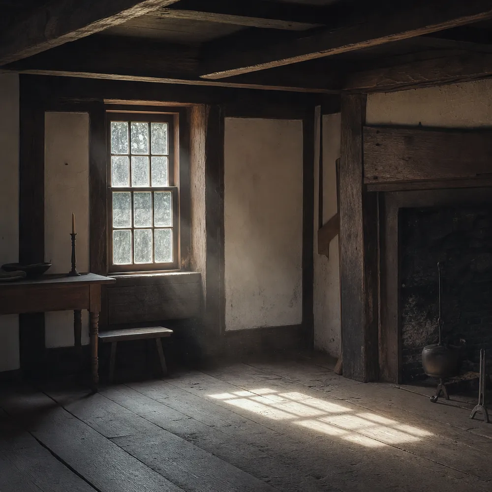 Pale daylight through a colonial window falling on aged wood beams and a worn plank floor.