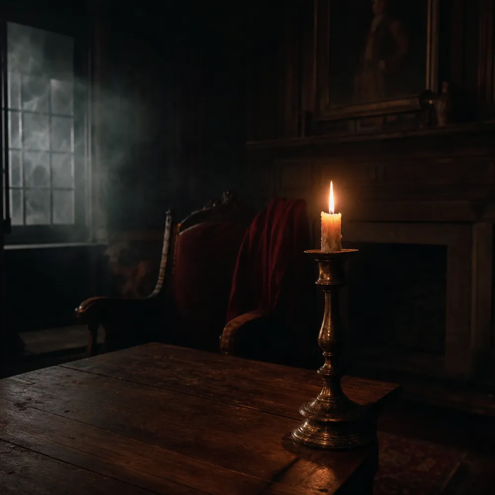 A lit candlestick on a weathered wooden table in a dark, candlelit historic room.