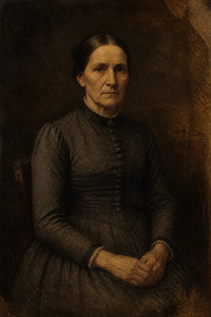 An aged 19th-century-style oil portrait of a severe woman in a dark high-collared dress, seated with her hands folded, painted in the manner of a provincial New England portraitist.